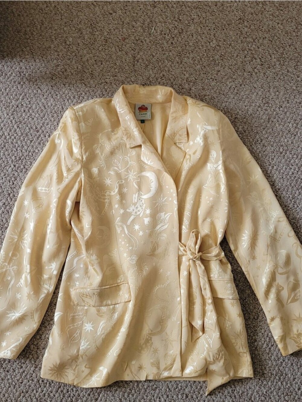FARM RIO beige gold satin long-sleeve blazer mystical jacquard pattern size L - Picture 6 of 8